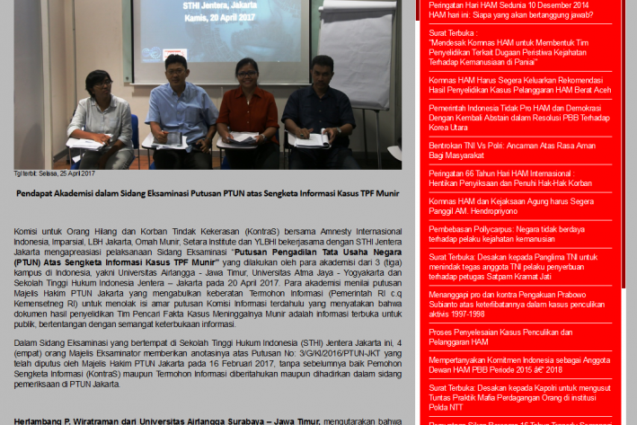Pendapat Akademisi dalam Sidang Eksaminasi Putusan PTUN atas Sengketa Informasi Kasus TPF Munir